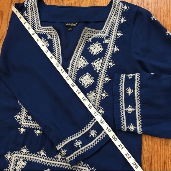 Lucky Brand Boho Embroidered Navy Blue 3/4 Long Sleeve Blouse Tunic - Picture 10 of 16